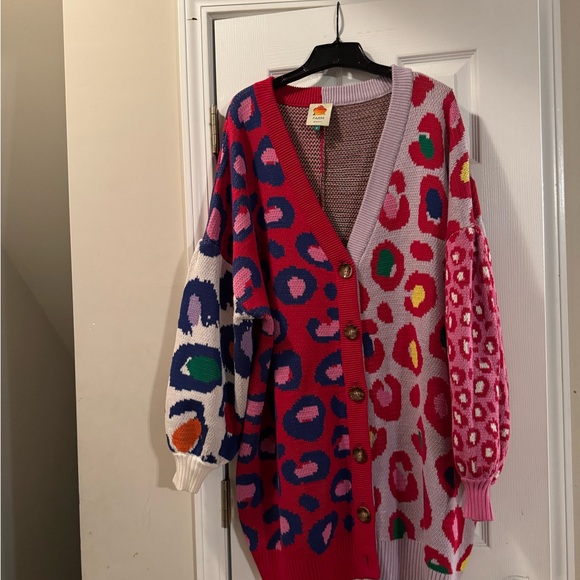 FARM Rio Sweaters - Farm Rio  Leopard Print Button-Up Cardigan Sweater - Pink Multi